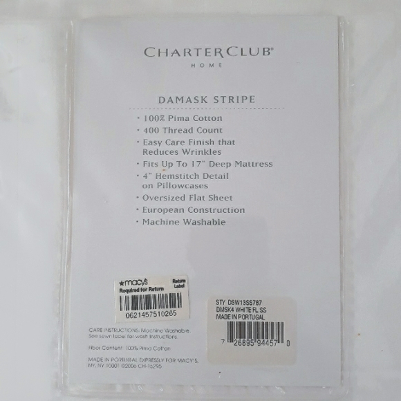 100% Pima Cotton Full-size White Damask Stripe Bedsheet Set by Charter Club - Picture 5 of 5
